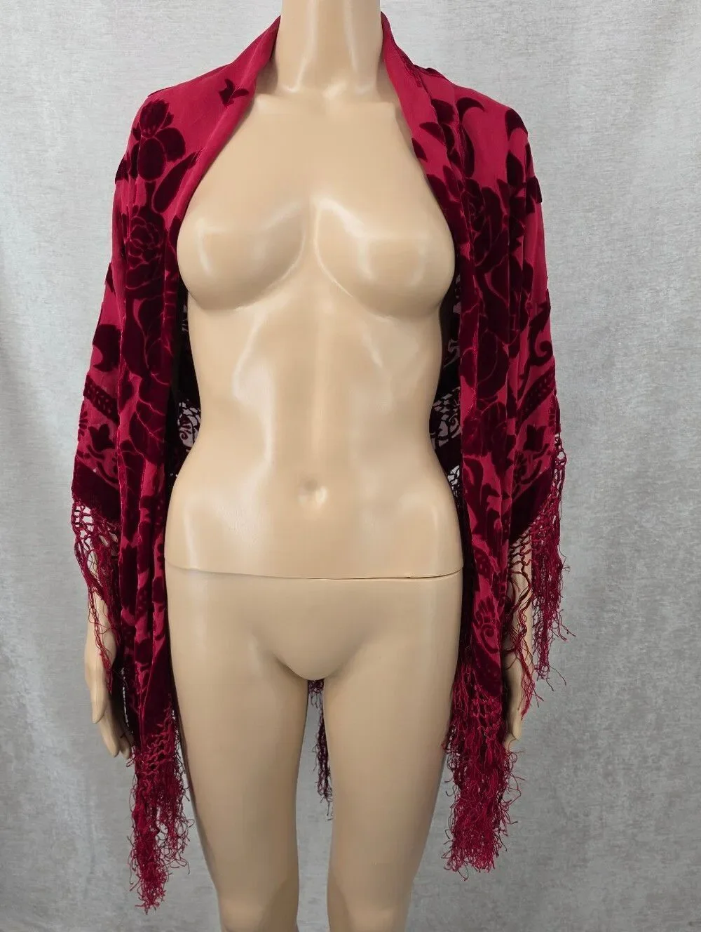 Silk Blend Velvet Burnout Floral Fringe Shawl Scarf Deep Burgundy Red Square